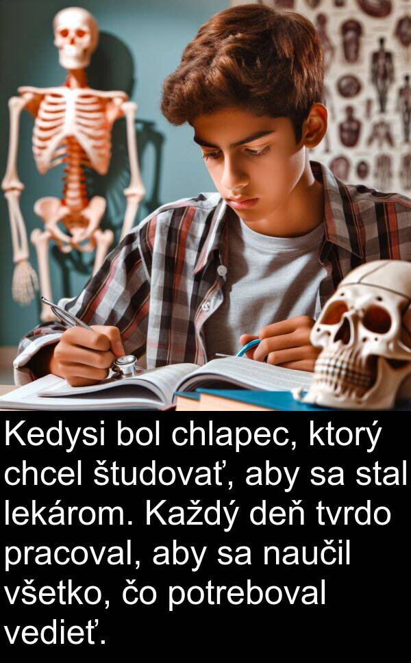 lekárom: Kedysi bol chlapec, ktorý chcel študovať, aby sa stal lekárom. Každý deň tvrdo pracoval, aby sa naučil všetko, čo potreboval vedieť.