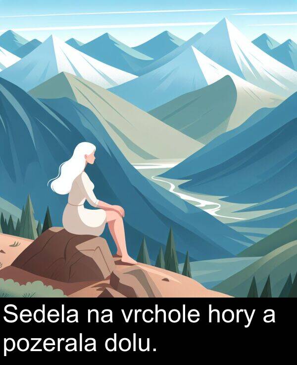 vrchole: Sedela na vrchole hory a pozerala dolu.