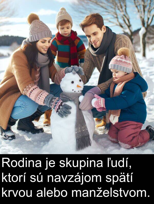 skupina: Rodina je skupina ľudí, ktorí sú navzájom spätí krvou alebo manželstvom.