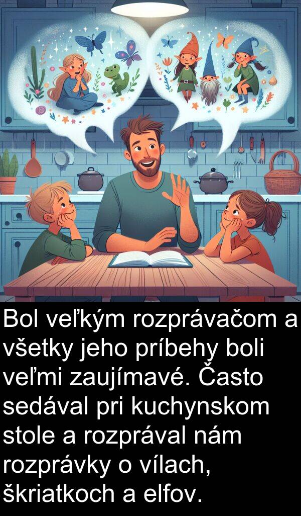 škriatkoch: Bol veľkým rozprávačom a všetky jeho príbehy boli veľmi zaujímavé. Často sedával pri kuchynskom stole a rozprával nám rozprávky o vílach, škriatkoch a elfov.