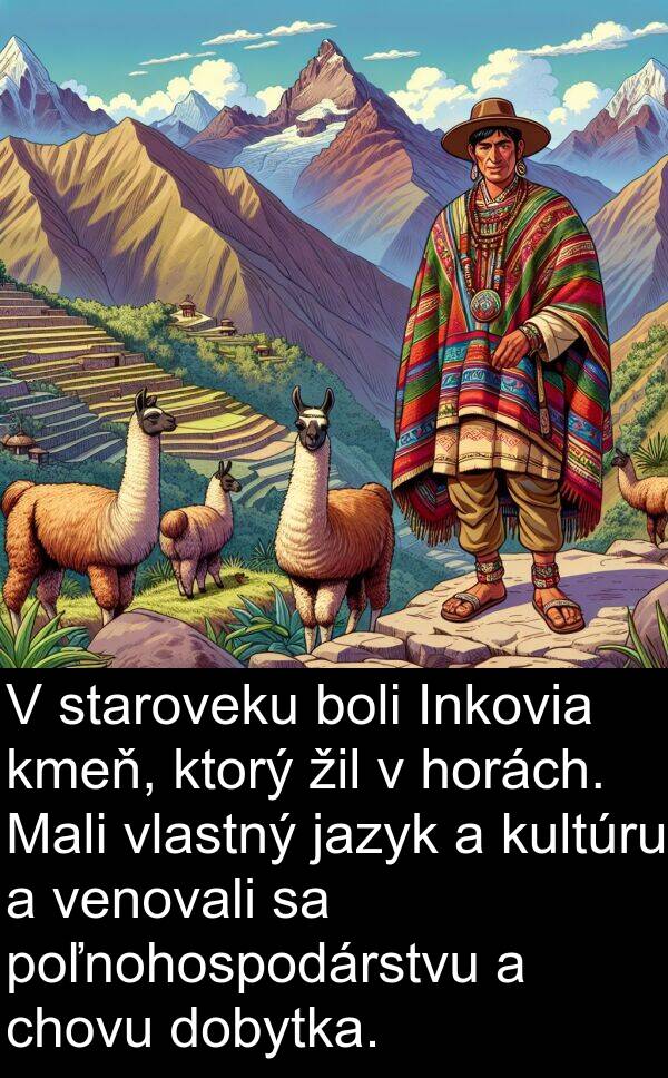 jazyk: V staroveku boli Inkovia kmeň, ktorý žil v horách. Mali vlastný jazyk a kultúru a venovali sa poľnohospodárstvu a chovu dobytka.