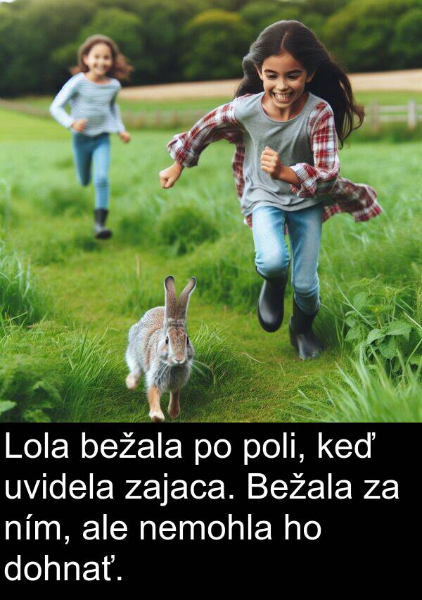 ním: Lola bežala po poli, keď uvidela zajaca. Bežala za ním, ale nemohla ho dohnať.
