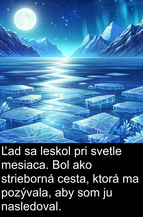 leskol: Ľad sa leskol pri svetle mesiaca. Bol ako strieborná cesta, ktorá ma pozývala, aby som ju nasledoval.