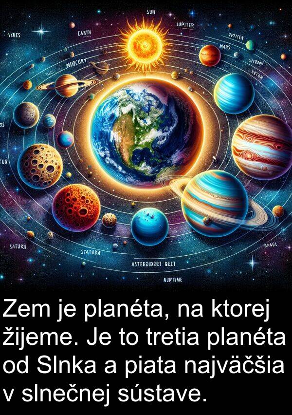 slnečnej: Zem je planéta, na ktorej žijeme. Je to tretia planéta od Slnka a piata najväčšia v slnečnej sústave.