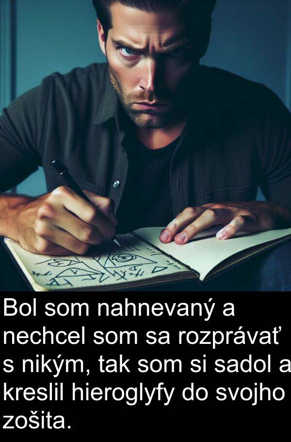 sadol: Bol som nahnevaný a nechcel som sa rozprávať s nikým, tak som si sadol a kreslil hieroglyfy do svojho zošita.
