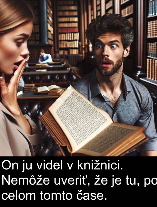tu: On ju videl v knižnici. Nemôže uveriť, že je tu, po celom tomto čase.
