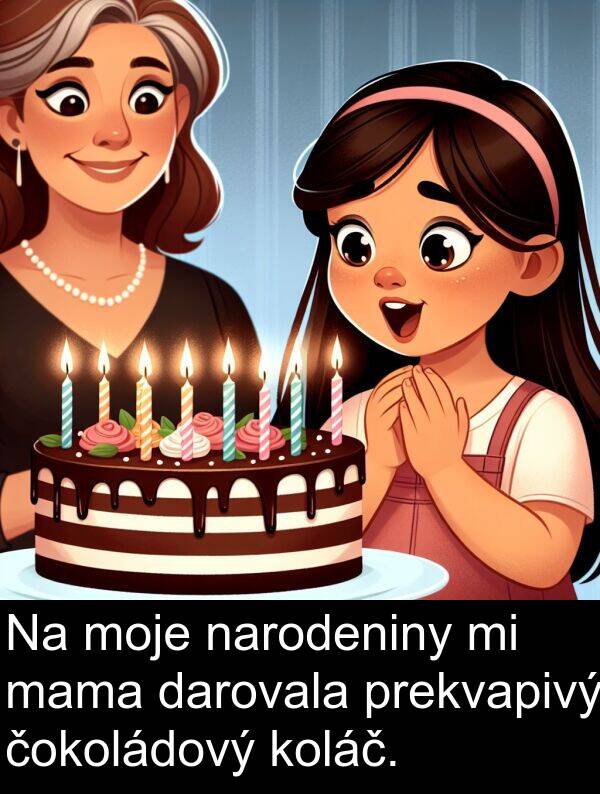 koláč: Na moje narodeniny mi mama darovala prekvapivý čokoládový koláč.
