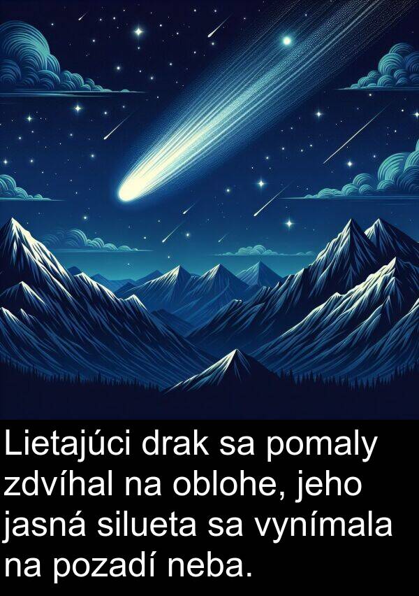 oblohe: Lietajúci drak sa pomaly zdvíhal na oblohe, jeho jasná silueta sa vynímala na pozadí neba.