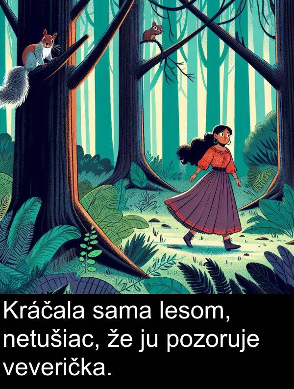 sama: Kráčala sama lesom, netušiac, že ju pozoruje veverička.