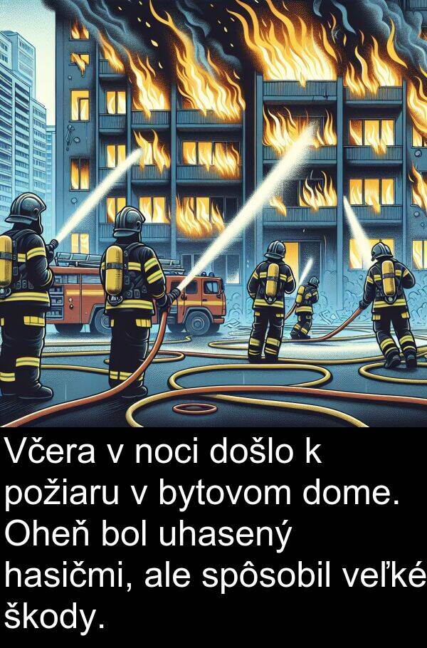 noci: Včera v noci došlo k požiaru v bytovom dome. Oheň bol uhasený hasičmi, ale spôsobil veľké škody.