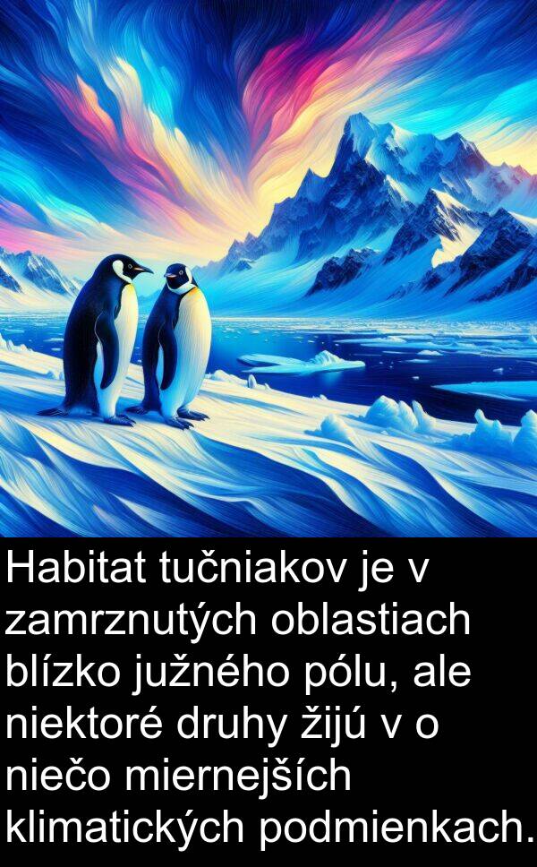 niečo: Habitat tučniakov je v zamrznutých oblastiach blízko južného pólu, ale niektoré druhy žijú v o niečo miernejších klimatických podmienkach.