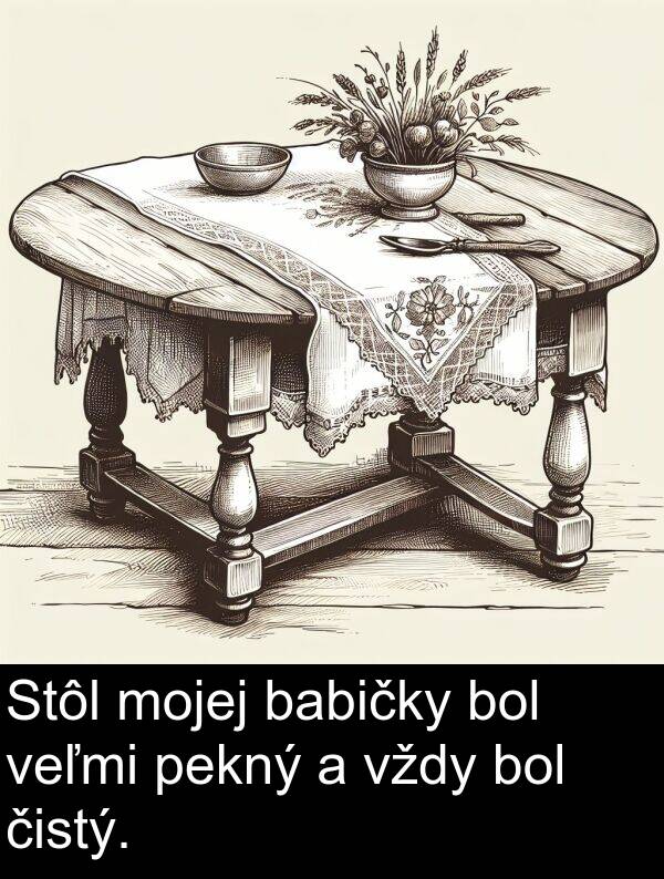 čistý: Stôl mojej babičky bol veľmi pekný a vždy bol čistý.