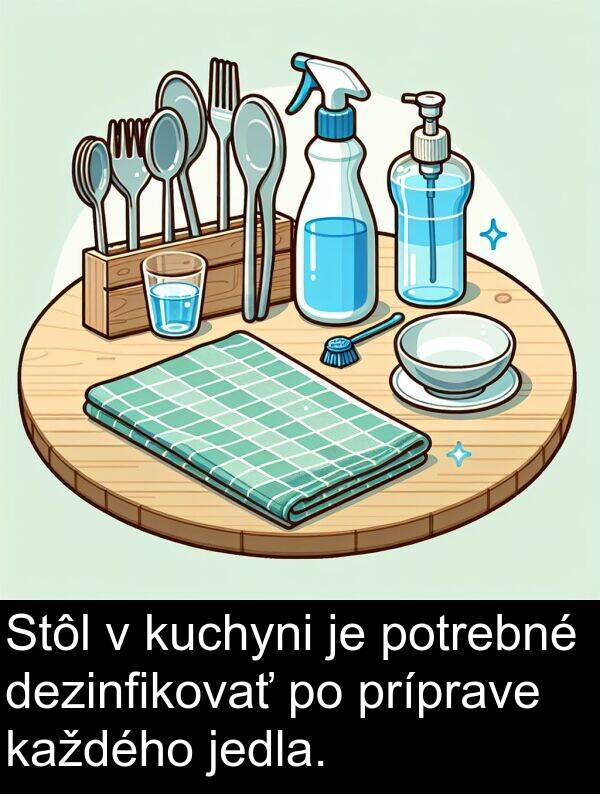 jedla: Stôl v kuchyni je potrebné dezinfikovať po príprave každého jedla.
