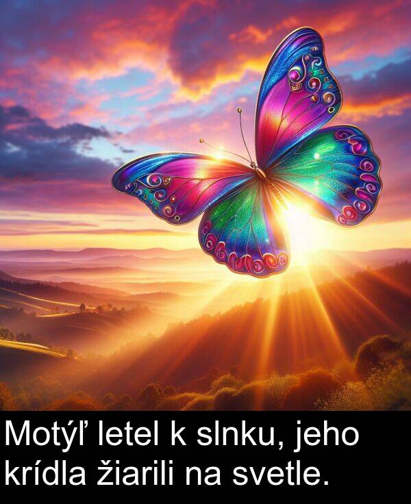 svetle: Motýľ letel k slnku, jeho krídla žiarili na svetle.