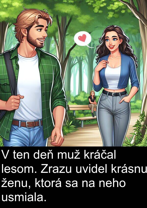 muž: V ten deň muž kráčal lesom. Zrazu uvidel krásnu ženu, ktorá sa na neho usmiala.