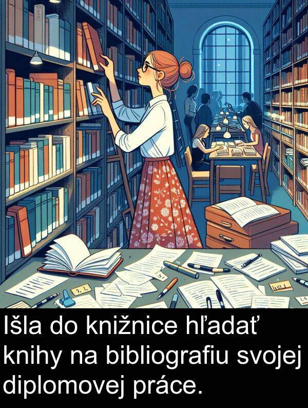 knihy: Išla do knižnice hľadať knihy na bibliografiu svojej diplomovej práce.