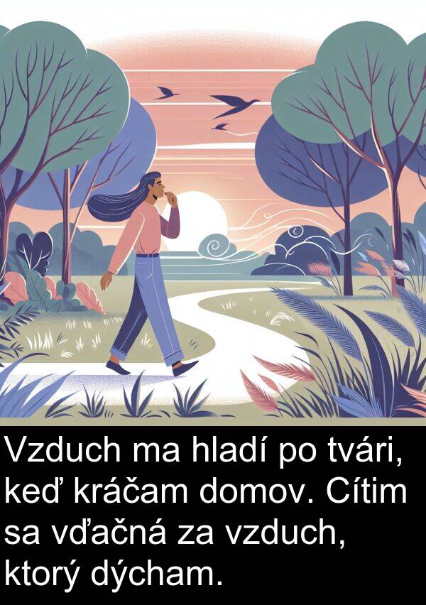 vďačná: Vzduch ma hladí po tvári, keď kráčam domov. Cítim sa vďačná za vzduch, ktorý dýcham.