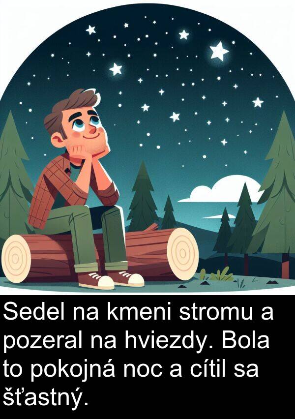 noc: Sedel na kmeni stromu a pozeral na hviezdy. Bola to pokojná noc a cítil sa šťastný.