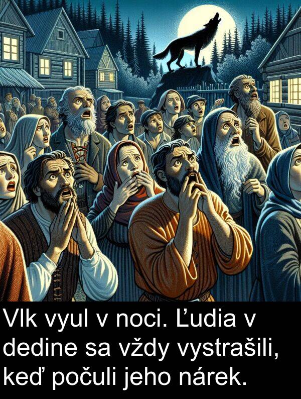 noci: Vlk vyul v noci. Ľudia v dedine sa vždy vystrašili, keď počuli jeho nárek.