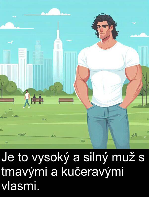 muž: Je to vysoký a silný muž s tmavými a kučeravými vlasmi.