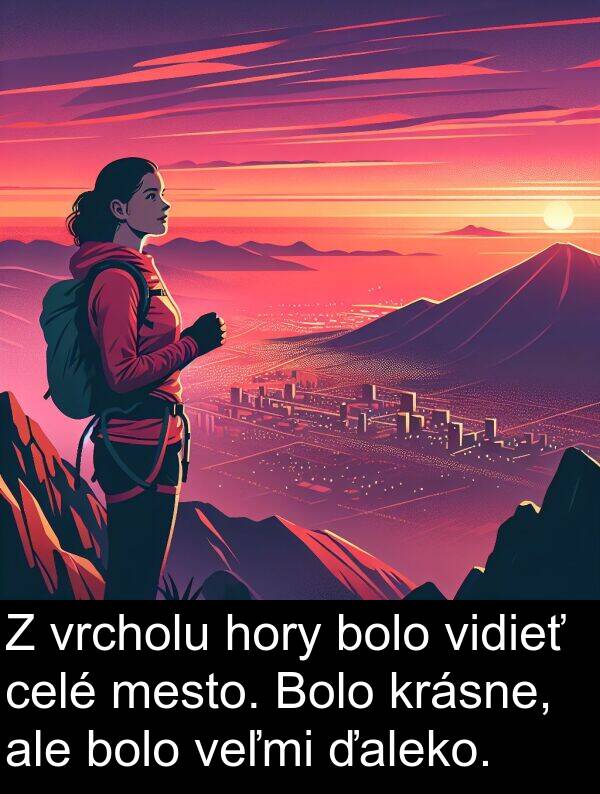 vrcholu: Z vrcholu hory bolo vidieť celé mesto. Bolo krásne, ale bolo veľmi ďaleko.