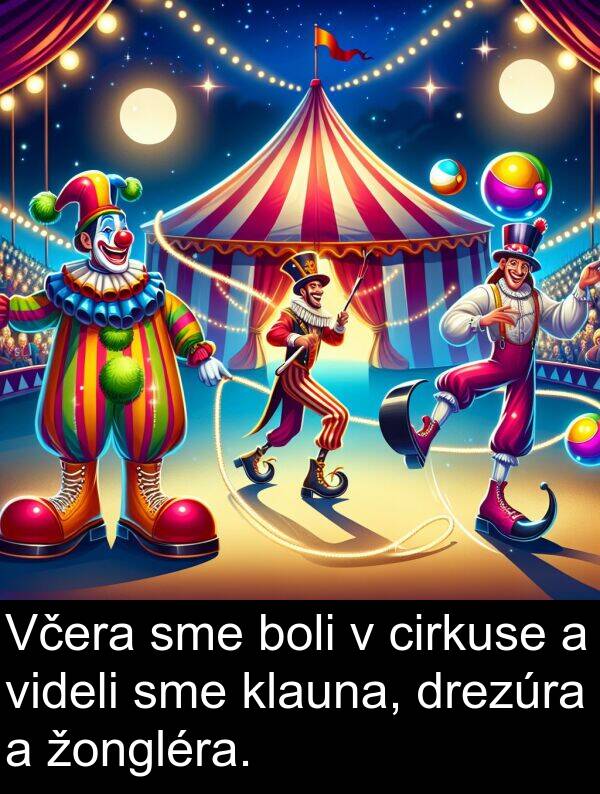 cirkuse: Včera sme boli v cirkuse a videli sme klauna, drezúra a žongléra.