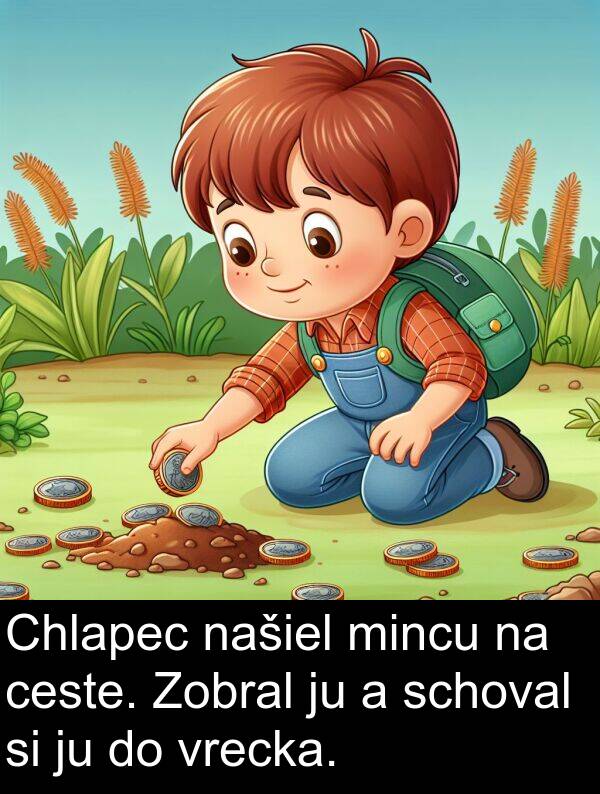 schoval: Chlapec našiel mincu na ceste. Zobral ju a schoval si ju do vrecka.