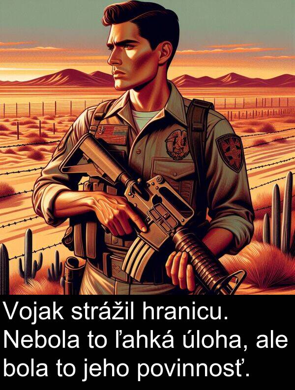 ľahká: Vojak strážil hranicu. Nebola to ľahká úloha, ale bola to jeho povinnosť.