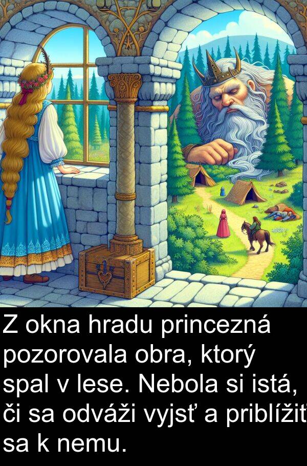lese: Z okna hradu princezná pozorovala obra, ktorý spal v lese. Nebola si istá, či sa odváži vyjsť a priblížiť sa k nemu.