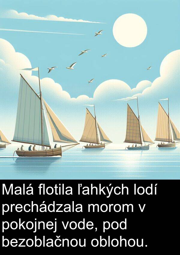 oblohou: Malá flotila ľahkých lodí prechádzala morom v pokojnej vode, pod bezoblačnou oblohou.