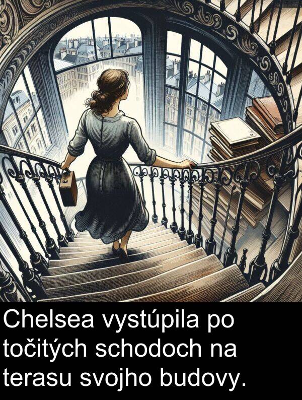 schodoch: Chelsea vystúpila po točitých schodoch na terasu svojho budovy.