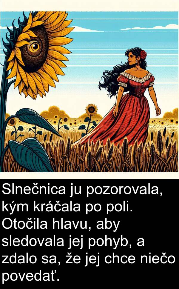 sa: Slnečnica ju pozorovala, kým kráčala po poli. Otočila hlavu, aby sledovala jej pohyb, a zdalo sa, že jej chce niečo povedať.