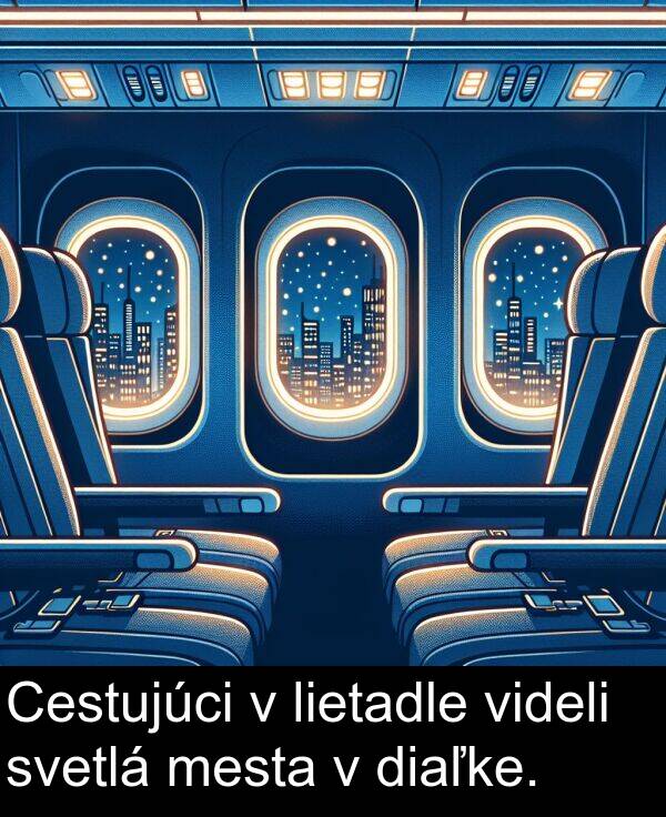 lietadle: Cestujúci v lietadle videli svetlá mesta v diaľke.