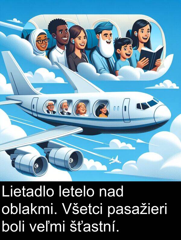 nad: Lietadlo letelo nad oblakmi. Všetci pasažieri boli veľmi šťastní.