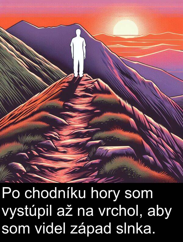 vystúpil: Po chodníku hory som vystúpil až na vrchol, aby som videl západ slnka.
