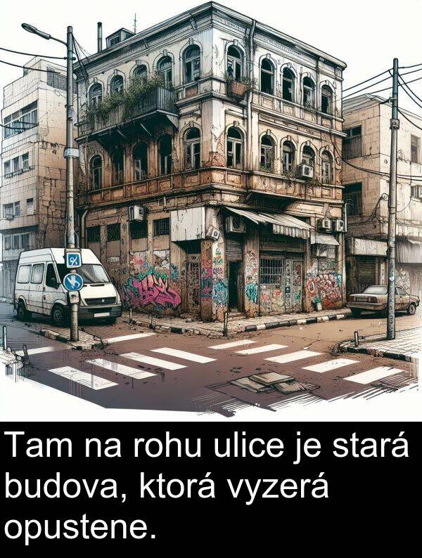 vyzerá: Tam na rohu ulice je stará budova, ktorá vyzerá opustene.