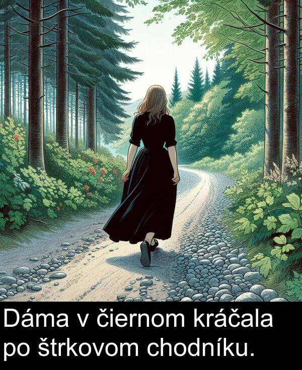 chodníku: Dáma v čiernom kráčala po štrkovom chodníku.
