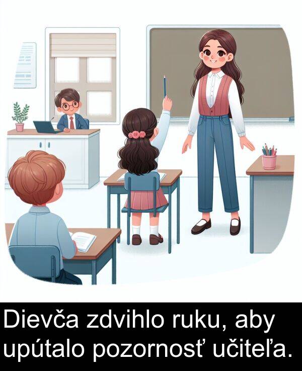 upútalo: Dievča zdvihlo ruku, aby upútalo pozornosť učiteľa.