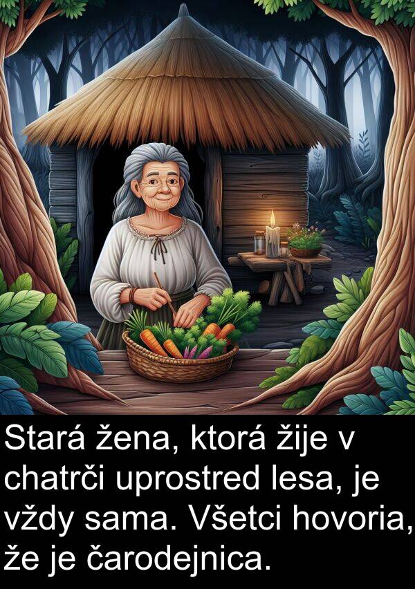 sama: Stará žena, ktorá žije v chatrči uprostred lesa, je vždy sama. Všetci hovoria, že je čarodejnica.