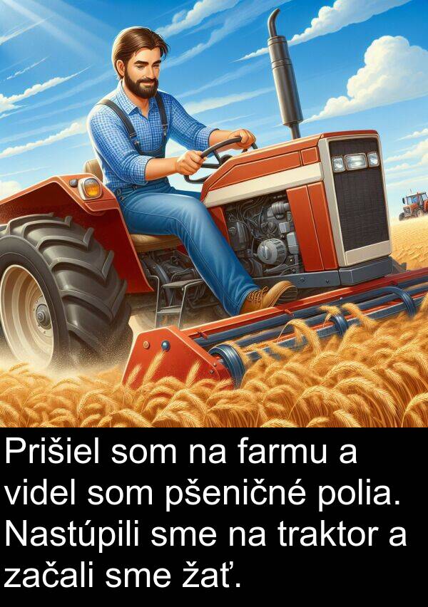 farmu: Prišiel som na farmu a videl som pšeničné polia. Nastúpili sme na traktor a začali sme žať.
