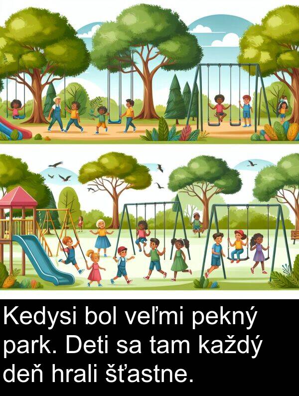 šťastne: Kedysi bol veľmi pekný park. Deti sa tam každý deň hrali šťastne.