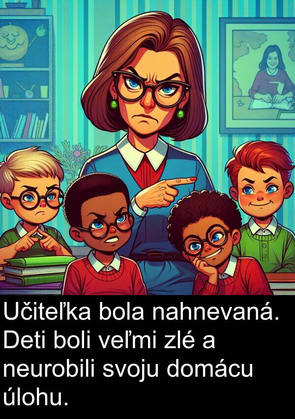 nahnevaná: Učiteľka bola nahnevaná. Deti boli veľmi zlé a neurobili svoju domácu úlohu.