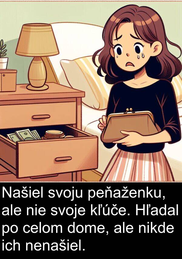 celom: Našiel svoju peňaženku, ale nie svoje kľúče. Hľadal po celom dome, ale nikde ich nenašiel.