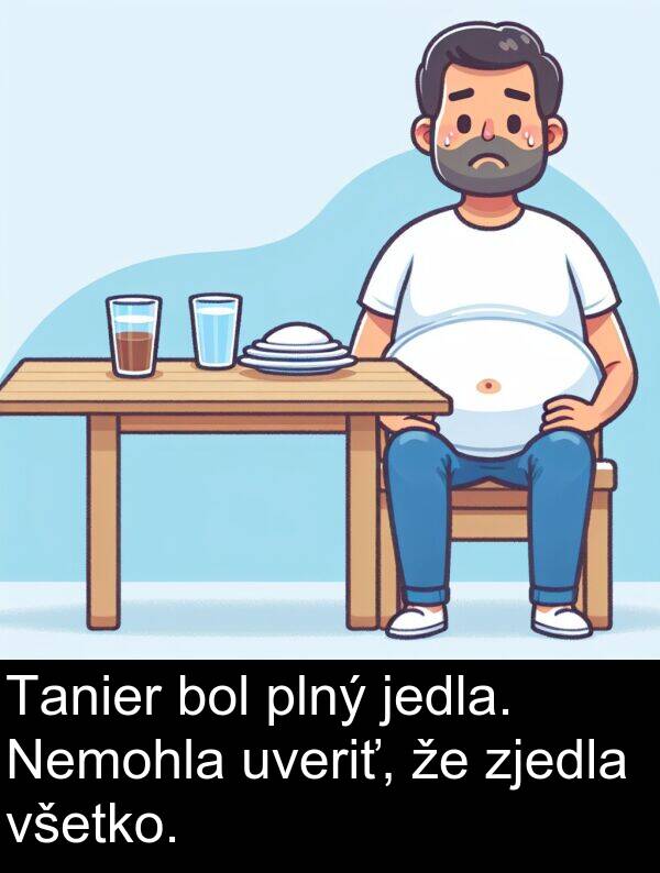 jedla: Tanier bol plný jedla. Nemohla uveriť, že zjedla všetko.