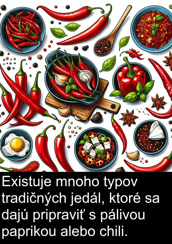 chili: Existuje mnoho typov tradičných jedál, ktoré sa dajú pripraviť s pálivou paprikou alebo chili.