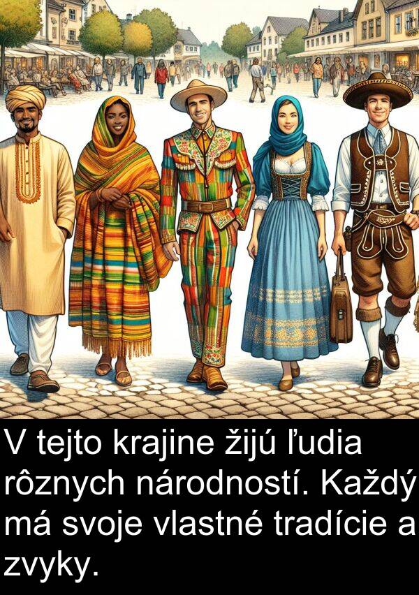 vlastné: V tejto krajine žijú ľudia rôznych národností. Každý má svoje vlastné tradície a zvyky.