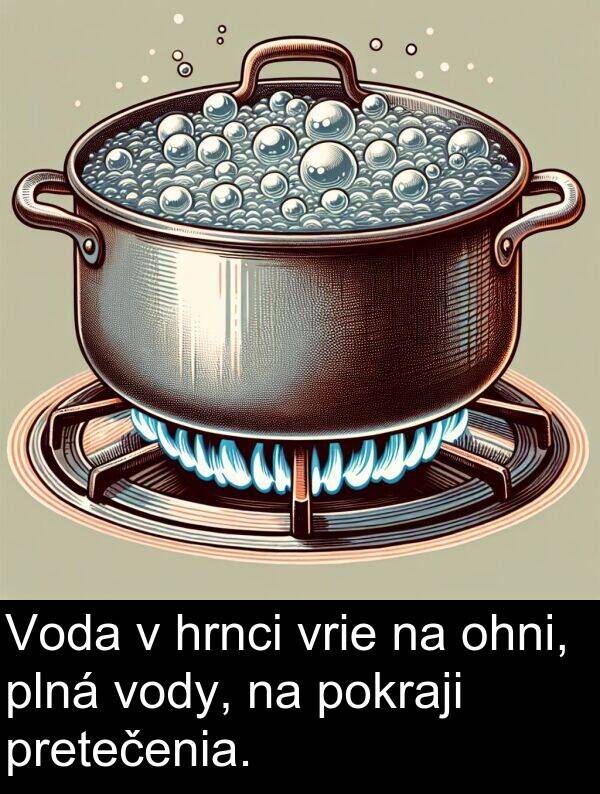 vody: Voda v hrnci vrie na ohni, plná vody, na pokraji pretečenia.