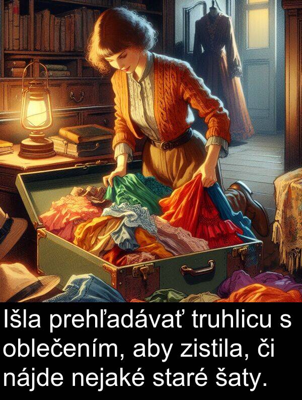 šaty: Išla prehľadávať truhlicu s oblečením, aby zistila, či nájde nejaké staré šaty.