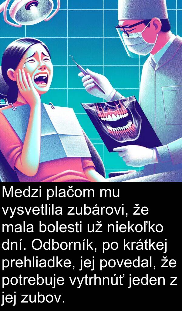 jeden: Medzi plačom mu vysvetlila zubárovi, že mala bolesti už niekoľko dní. Odborník, po krátkej prehliadke, jej povedal, že potrebuje vytrhnúť jeden z jej zubov.