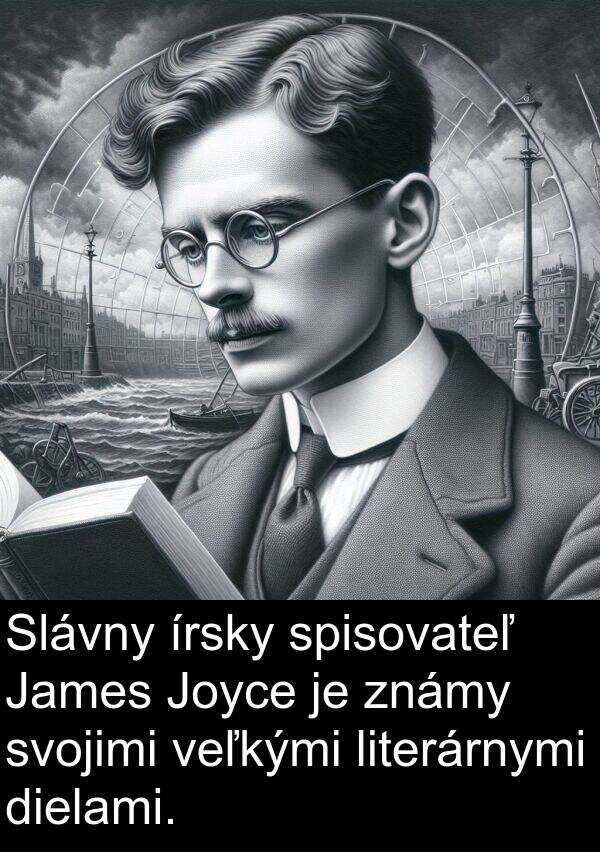dielami: Slávny írsky spisovateľ James Joyce je známy svojimi veľkými literárnymi dielami.